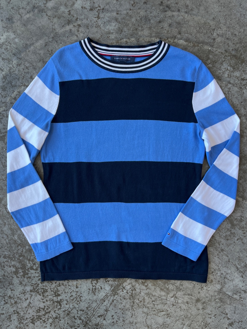 Tommy Hilfiger Striped Sweater Blue Navy 100% Cotton Crewneck Long Sleeve Preppy
